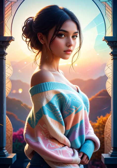 (Masterpiece, best quality:1.25). 1girl,mysterious girl ,an exotic girl in off-shoulder sweater,fading backlit background,pastel colors,alluring goddess,amazing depth,double exposure,surreal,geometric patterns,intricately detailed,bokeh,perfect balanced,deep fine borders,artistic photorealism,smooth