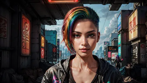 a woman with colorful hair standing in a city street