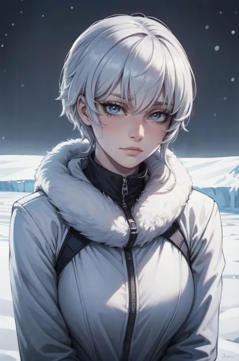 (outside, antartica, snow, evening, soft light, dim lit, moody vibe), (insanely detailed, beautiful detailed face, masterpiece, best quality), mature female, white hair, blue eyes, winter clothes,