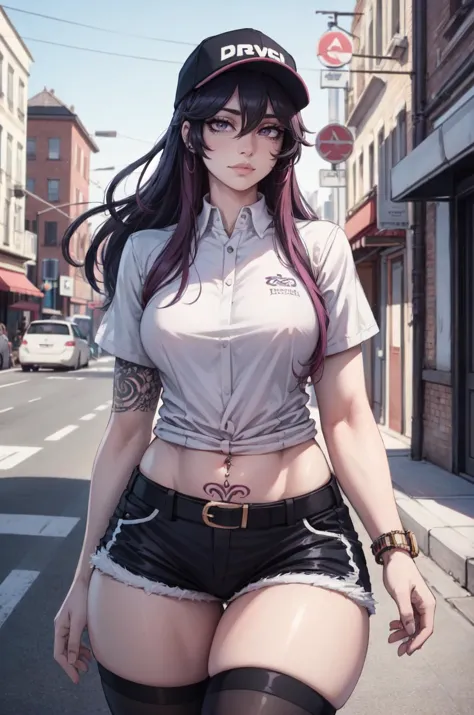 ((detailed eyes:1.2), detalied face, (dross), (solo:1.2), intricate details, ultra details, best quality, ultra quality, all focus),
(busy street, daytime),
1 girl, milf, mature female, older woman, black hair, purple eyes, pink baseball cap, navel_piercing, tattoos, arm tattoo, white thigh highs, white shirt, black shorts,