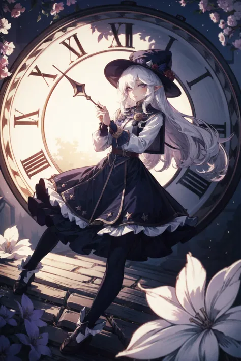 anime girl with a clock in her hand sitting on a bench