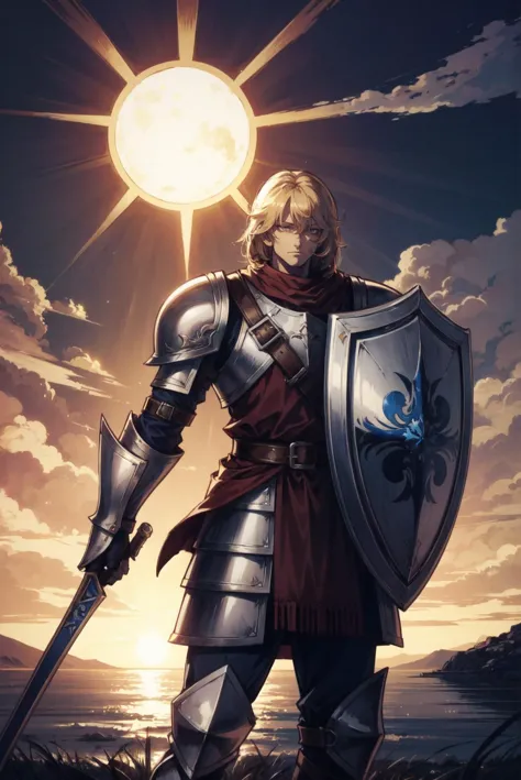 a man in armor holding a sword and shield in front of a sun