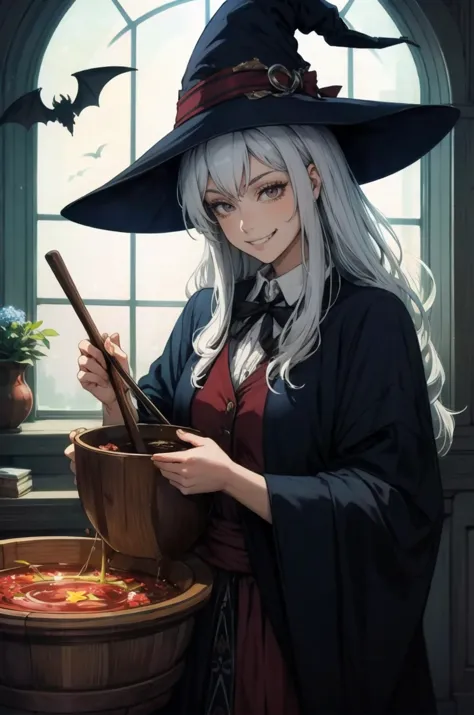 1girl, cute, dressed as witch, grin, making spells, cauldron, cute bats, cute ghosts,