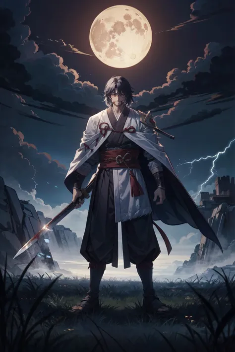 Isshin, the Sword Saint is a legendary warrior and the founder of the Ashina Clan. He is an old man with white hair and beard, wearing a blue kimono with black patterns and a white cloak. He carries a katana and a spear. He also has a gun hidden in his sleeve.
He awaits Sekiro in the great grass field where he first fought Genichiro Ashina, his grandson. The field is covered with blood and corpses of soldiers who died in the battle. The sky is dark and stormy, and lightning flashes occasionally. Isshin emerges from Genichiroâs body after he sacrifices himself to revive him using the Black Mortal Blade. He respects Sekiro as a worthy opponent and challenges him to a final duel for the fate of Ashina.
moon, dark theme, light, fantasy,