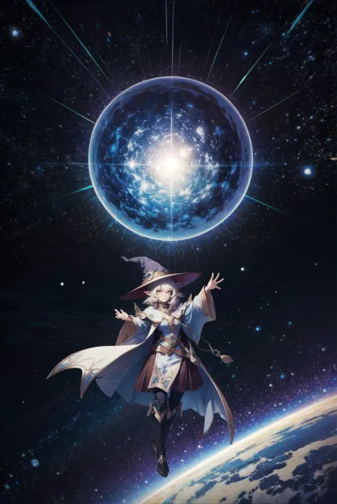 a woman in a hat and cape flying over the earth