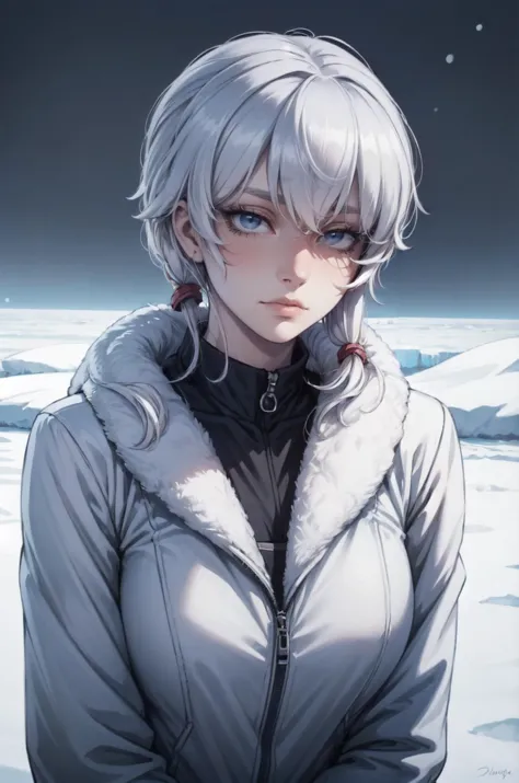 a woman with white hair and blue eyes standing in the snow