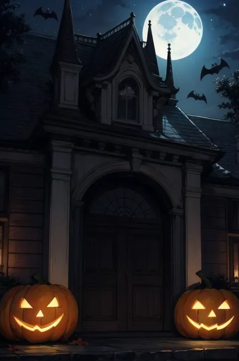 scary haunted house, cute ghosts, moon with a face, (night), Halloween