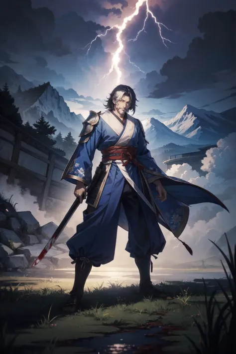 Isshin, the Sword Saint is a legendary warrior and the founder of the Ashina Clan. He is an old man with white hair and beard, wearing a blue kimono with black patterns and a white cloak. He carries  a katana and a spear. He also has a gun hidden in his sleeve.
He awaits Sekiro in the great grass field where he first fought Genichiro Ashina, his grandson. The field is covered with blood and corpses of soldiers who died in the battle. The sky is dark and stormy, and lightning flashes occasionally. Isshin emerges from GenichiroÃ¢â¬â¢s body after he sacrifices himself to revive him using the Black Mortal Blade. He respects Sekiro as a worthy opponent and challenges him to a final duel for the fate of Ashina.