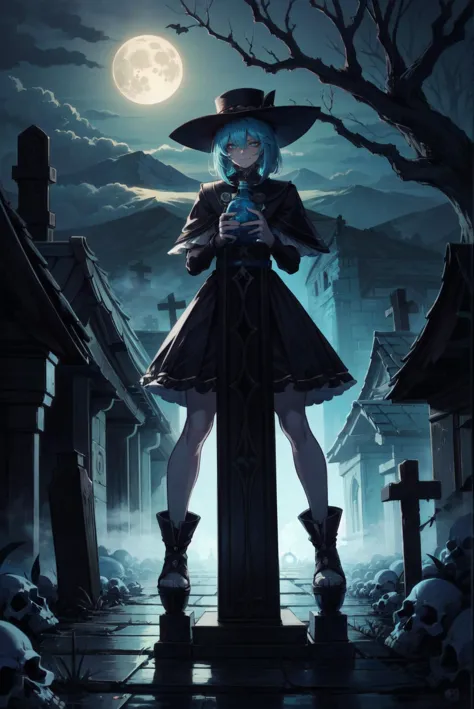 masterpiece, high quality,  highres,
(1girl), (wearing black pointed hat), necromancer, evil smile, stand in front of graveyard, (cyan color sceme), ominious atmosphere, mist, night,moon, (surrounded by skulls),
bottle  bottom,lampstand,pedestal,platform,