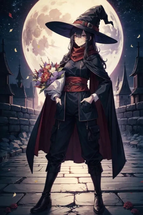 a woman in a witch costume standing in front of a full moon