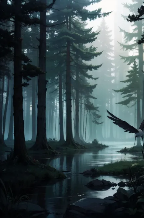 (highres,absurdres,incredibly absurdres,huge filesize,Volumetric Lighting,moody lighting),
(forest, evening, lake, birds),