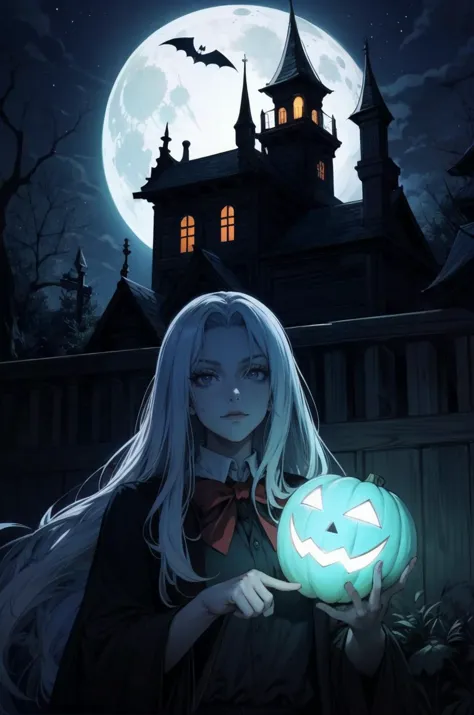 a woman holding a pumpkin in front of a castle at night