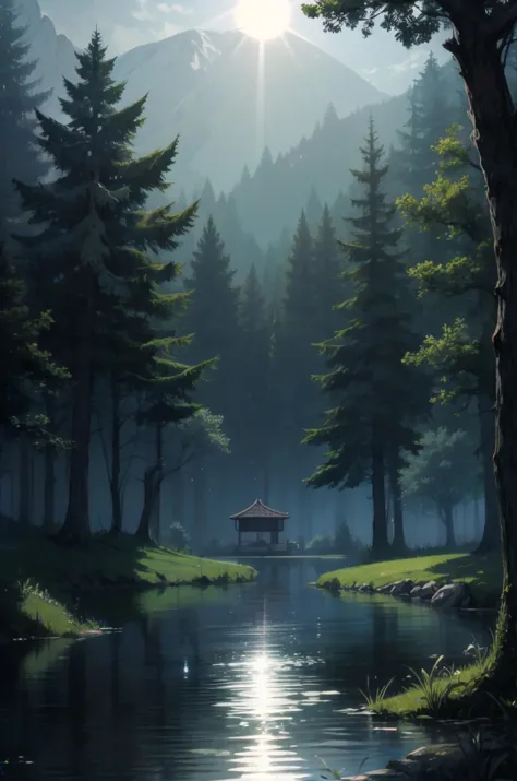 a painting of a lake with a gaze in the middle of it