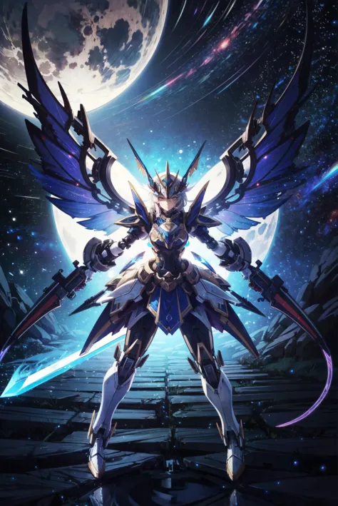 a picture of a robot with wings and a sword in front of a full moon