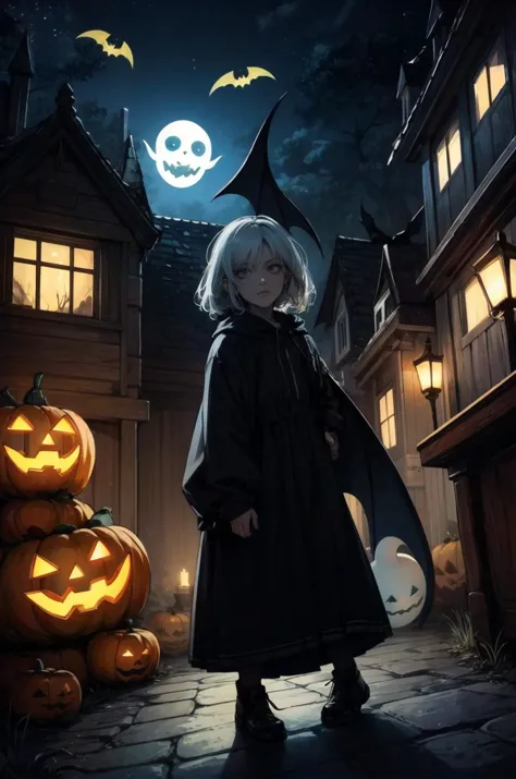 a girl in a witch costume standing in front of a house with pumpkins