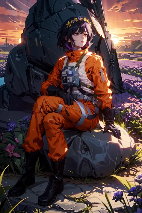 ((A sexy slutty milf sitting down on a big rock with a flower crown and wearing a orange rebel pilot suit, her hair is long blac...
