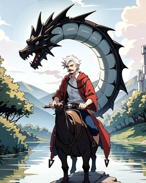 a man riding a horse with a dragon on it