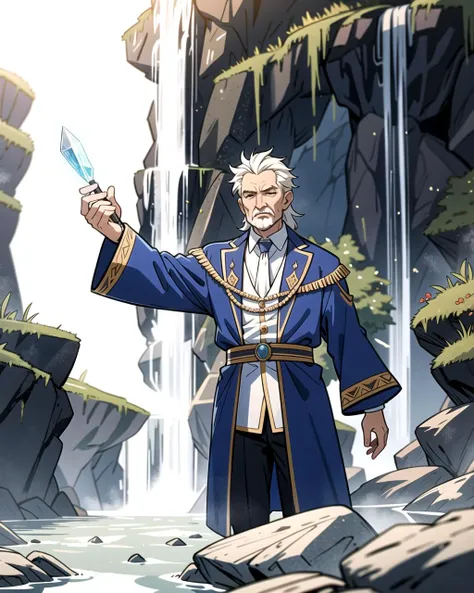 anime character holding a sword in front of a waterfall