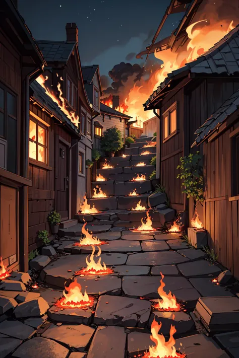 a fire is lit up in the middle of a narrow alley