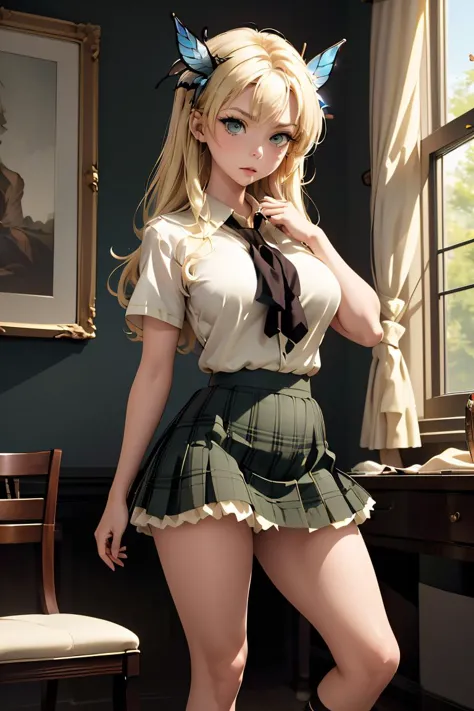 (masterpiece, best quality),  <lora:kashiwazaki_sena_v1:0.8> aasena, long hair, hair ornament, large breasts, black neckerchief, shirt, short sleeves, plaid skirt, green skirt,