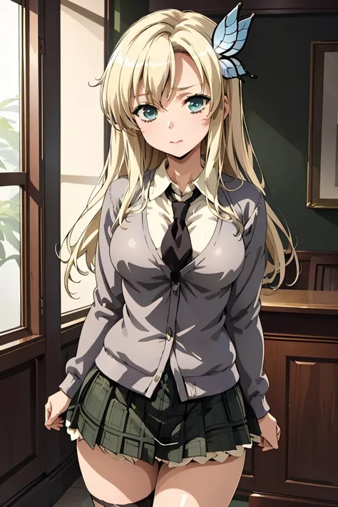 (masterpiece, best quality),  <lora:kashiwazaki_sena_v1:0.8> , aasena, long hair, hair ornament, large breasts, black necktie, collared shirt, grey cardigan, plaid skirt, green skirt,