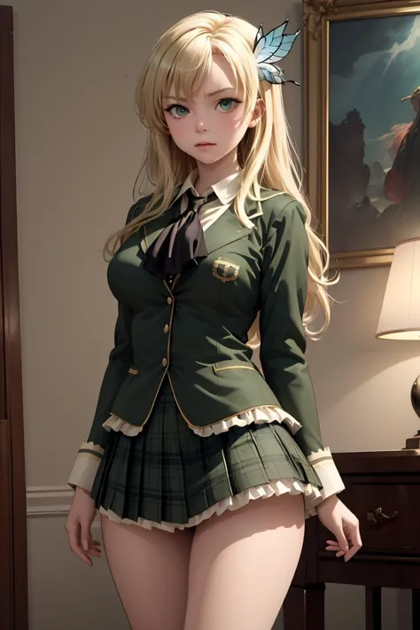 (masterpiece, best quality),  <lora:kashiwazaki_sena_v1:0.8> aasena, long hair, hair ornament, large breasts, black neckerchief, blazer, green jacket, plaid skirt, green skirt,