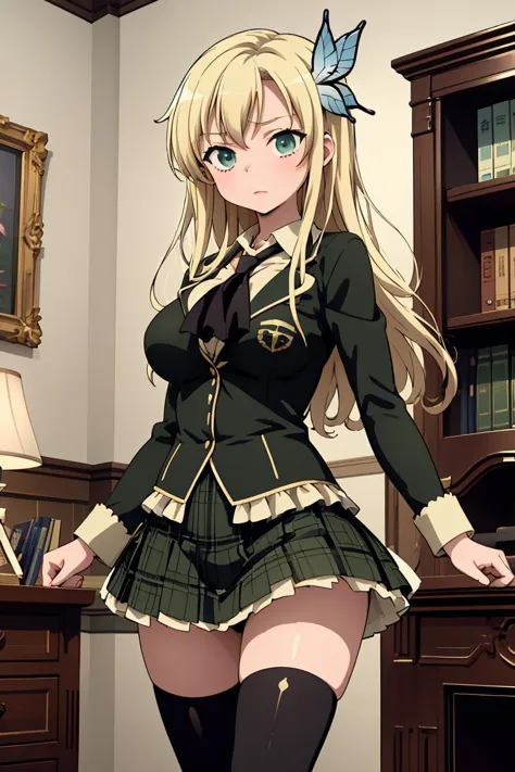 (masterpiece, best quality),  <lora:kashiwazaki_sena_v1:0.8> aasena, long hair, hair ornament, large breasts, black neckerchief, blazer, green jacket, plaid skirt, green skirt,