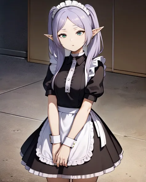 anime character dressed in maid outfit standing in front of a building