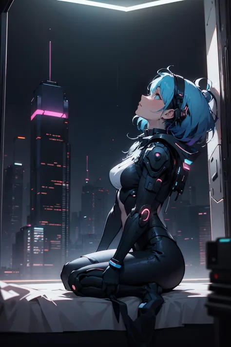 a woman in a futuristic suit sitting on a ledge in front of a city