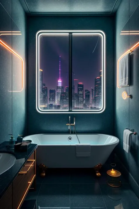 a bathroom bathtub, neon lights, dim light, futuristic, orange light, cable, electricity, ornate, detail, windows with skyscrapers, science fiction, blue purple neon, <lora:ARWCyberpunkInterior:1>