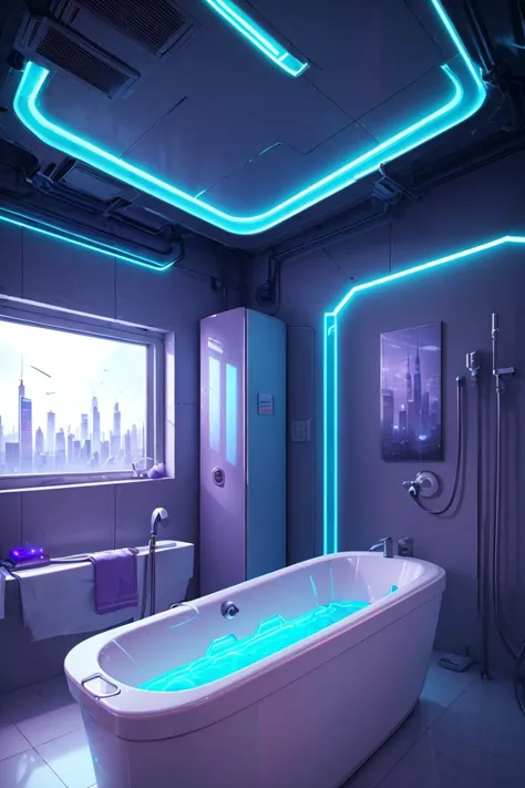 un cylindre de baignoire de salle de bain, capsule, néons, pénombre, futuriste, lumière orange, câble, électricité, orné, détail, fenêtres avec gratte-ciel, la science-fiction, Néon bleu violet,(chef-d&#39;œuvre, Meilleure qualité), 