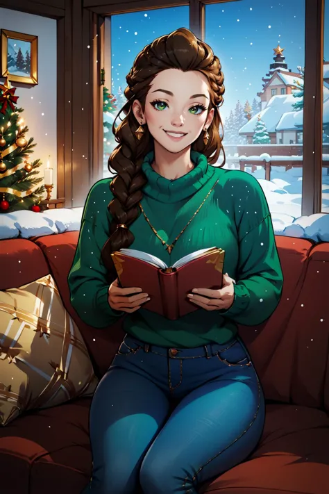 score_9, score_8_up, score_7_up, masterpiece, high quality, source_comic
<lora:Garona HalforcenPonyLora:0.7> brown long hair, braid, earrings, green sweater. jeans. sitting on a couch, holding a book, smile, christmas, snow outside window