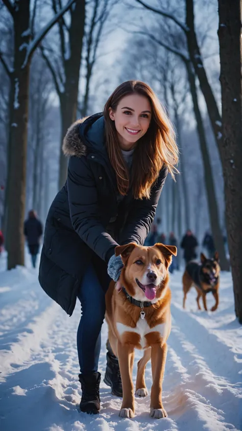 photo of agirl play with dog in forest city park, (a crowd peoples in park:1.4), alley, winter, snow, (add more details: 0.75), ...