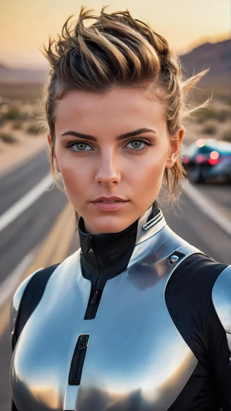 masterpiece RAW photo, macro, portraite poster, cyberpunk, a girl pilot, looking at viewer,  casual plugsuit, bokeh, desert road in background, atompunk style, concept art, realistic, bold lines, elegant, clear and soft, sharp focus, sharpness, 35mm lens.