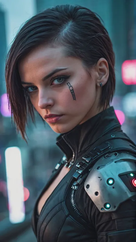 photo brute, Une fille cyberpunk, netteté, profondeur de champ fond de ville, Meilleure qualité, Haut du corps, Résolution 16k,