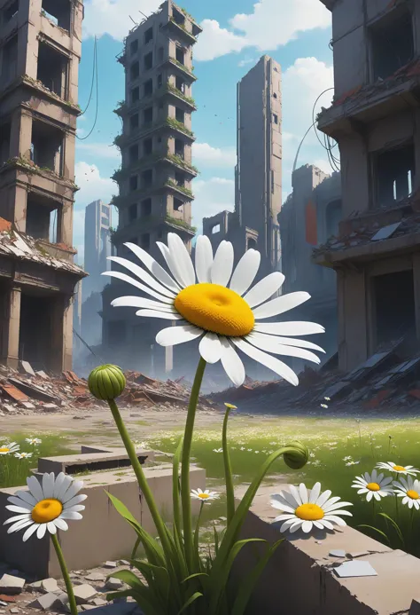 anime artwork Amid the desolation of a post-apocalyptic landscape, the ruins of a futuristic city. Yet in the foreground, a sing...