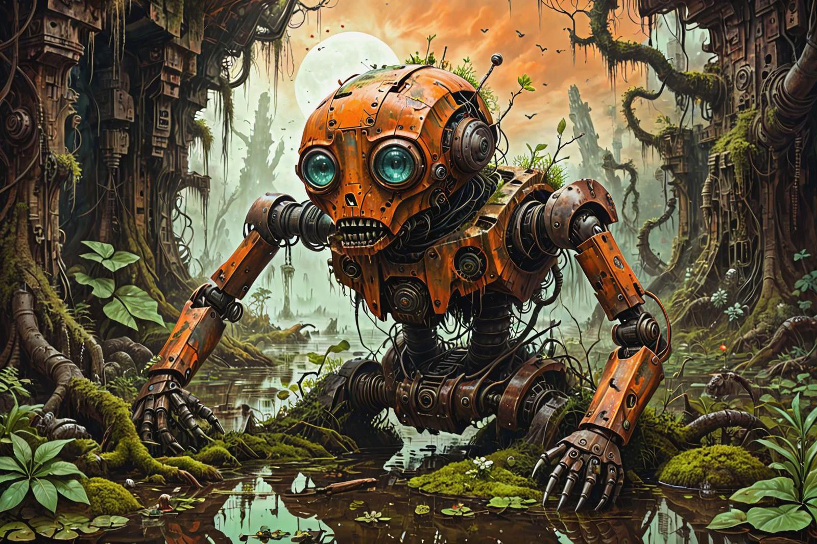 a vivid scifi illustration of fantastical surreal broken rusted and overgrown war robot drowned in a swamp, destroyed weapons, machinery, moss, leaves, trees, jungle, dark-orange sky,
 linquivera
 illusion