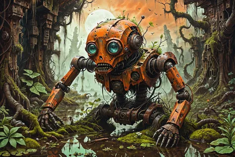 a vivid scifi illustration of fantastical surreal broken rusted and overgrown war robot drowned in a swamp, destroyed weapons, m...