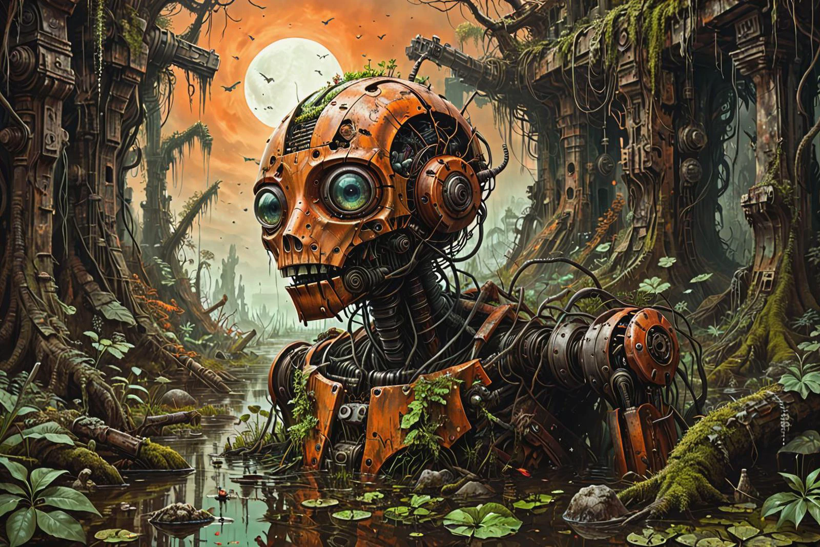 une illustration scifi vivante d&#39;un robot de guerre fantastique surréaliste rouillé et envahi par la végétation noyé dans un marais, armes détruites, machinerie, mousse, feuilles, des arbres, jungle, ciel orange foncé,
 illusion gauche