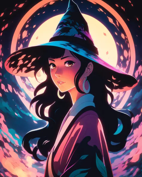 a woman in a witch hat and dress standing in front of a full moon