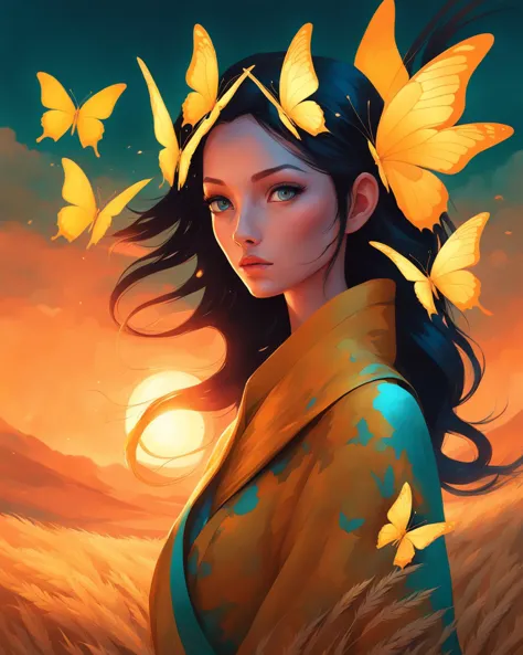 (butterfly), peter mohrbacher and mario testino masterpiece, best quality, intricate, highly detailed:1.1, digital painting, octane render, artstation, concept art, Fractal flame, Wheat field at sunrise, yellow orange, Merkaba, visionary art, <lora:bcklt:1>