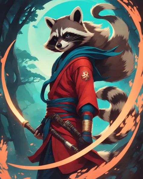 a raccoon in a red robe holding a sword in front of a circular background