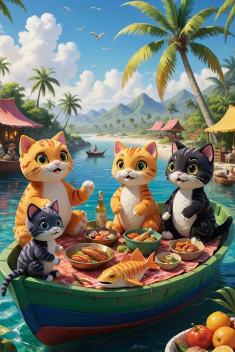 A masterpiece of award-winning artwork depicts a plush cat family enjoying a fish-cooking picnic on a vibrant, playful boat. The scene is rich with intricate details, featuring a wide range of colors and high dynamic contrasts. In the background, palm trees sway gently in the distance, adding to the tropical ambiance. Nearby, plush dinosaurs are engaged in lively games, while baby dinosaurs eagerly watch the food being grilled, their eyes wide with anticipation. The overall image is a feast for the eyes, brimming with extreme detail and capturing a whimsical, joyful moment.
<lora:woafu_plushify_sdxl_v02:1.0> plushify, character stuffed toy, chibi, 
<lora:add-detail-xl:1>, 
<lora:XDetail_light:0.75>,
<lora:xl_more_art-full_v1:0.5>