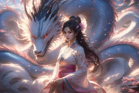 (BJ_Sacred_beast, giant eastern fire dragon in background), (1girl, 1girl, asian girl, standing, looking at viewer, round face, facial mark, forehead mark, glowing eyes, blush, long hair, floating hair, brown hair, hair ornament, large breasts, narrow waist, chinese clothes, long sleeves, wide sleeves, see-through sleeves, jewelry, earrings, glowing hands, high detail skin, real skin), aura, illuminating chinese calligraphy, energy flow, falling petals, wind, blurry background, masterpiece, top quality, best quality, official art, beautiful and aesthetic, (Glowing ambiance, enchanting radiance, luminous lighting, ethereal atmosphere, mesmerizing glow, evocative hues, captivating coloration, dramatic lighting, enchanting aura), ultra realistic, soft colors, 