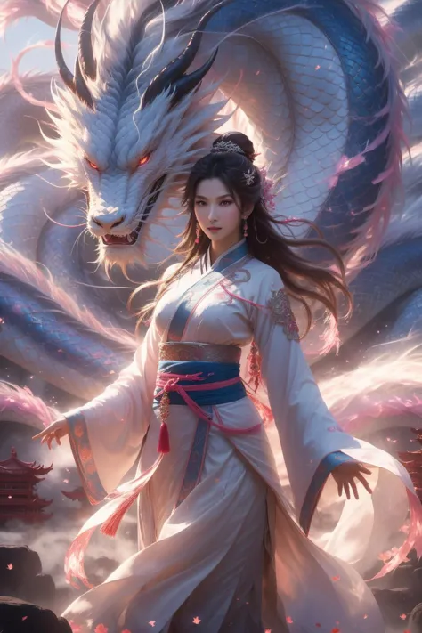 BJ_Sacred_beast, from below, giant eastern dragon aura in background, 1girl, asian girl, standing, looking at viewer, facial mark, forehead mark, glowing eyes, blush, long hair, floating hair, brown hair, hair ornament, large breasts, narrow waist, chinese clothes, long sleeves, wide sleeves, see-through sleeves, jewelry, earrings, high detail skin, real skin, hands on fire, aura, illuminating chinese calligraphy, energy flow, falling petals, wind, blurry background, masterpiece, top quality, best quality, official art, beautiful and aesthetic, (Glowing ambiance, enchanting radiance, luminous lighting, ethereal atmosphere, mesmerizing glow, evocative hues, captivating coloration, dramatic lighting, enchanting aura), ultra realistic, soft colors, 