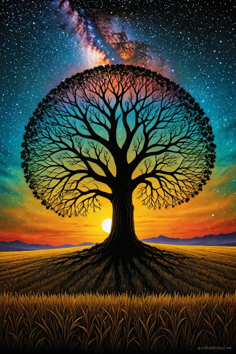 a painting of a tree with a colorful sky background