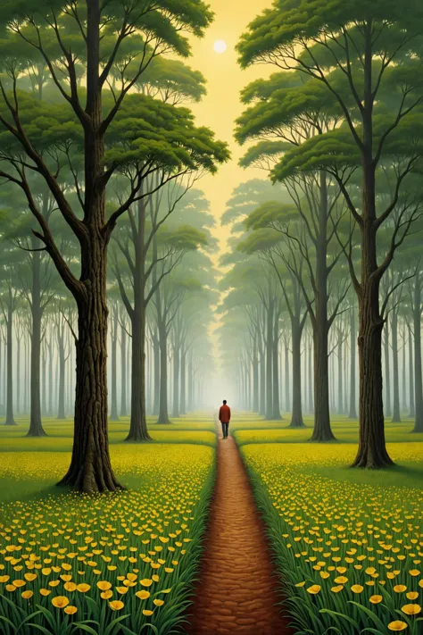 a painting of a man walking down a path through a forest