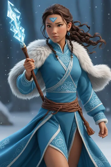 a woman in blue outfit holding a sword and a sword