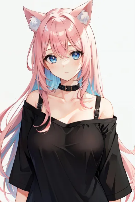 1girl,solo, pink hair, long hair,black shirt, cat ears,cat girl,large breasts,bra strap,oversized clothes, oversized shirt, uppe...