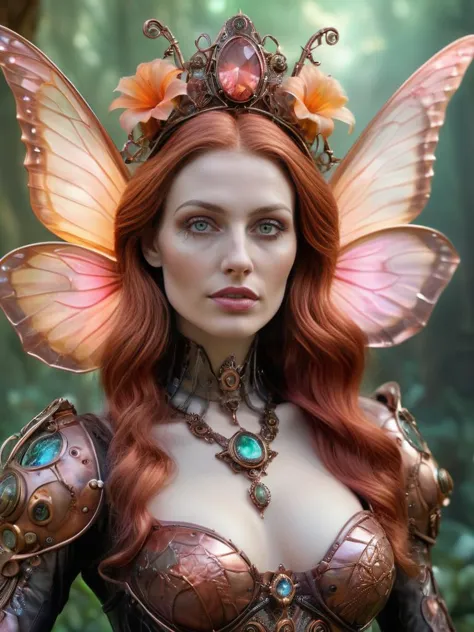 a close up of a woman with a butterfly headpiece and a dress